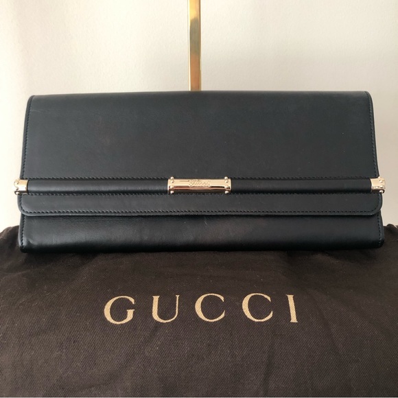 Gucci Rare Black Leather and Gold Bamboo Flap Clutch Bag - Picture 6 of 16